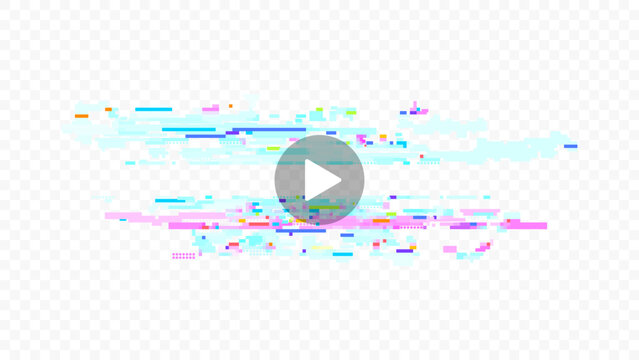 A transparent digital glitch burst featuring a central play icon with cyan, magenta, and pixel distortion effects, perfect for video interfaces and stream overlays.