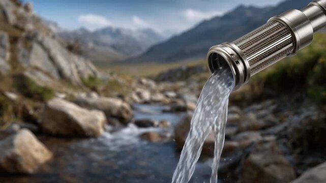 Hyper-realistic titanium water filter isolated against a rugged natural backdrop, precision-machined titanium body with brushed metallic finish, fine filtration mesh visible, dropl
