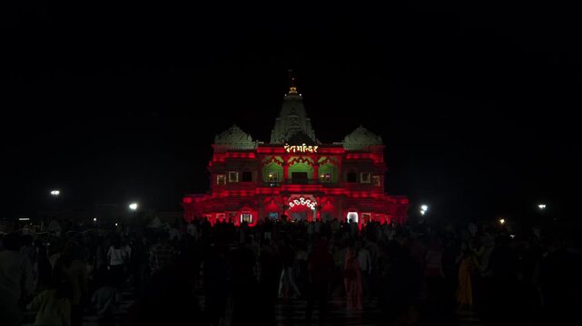 Prem Mandir temple in Vrindavan, Uttar Pradesh beautifully illuminated at night. Famous Hindu temple dedicated to Radha Krishna, showcasing spiritual devotion, architecture, and religious tourism.
