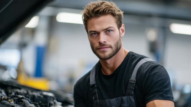 Hyper-realistic workshop scene of a mechanic carefully inspecting a van engine, hood raised high, visible turbo hoses and wiring, mechanic&rsquo;s concentrated expression, clean and well