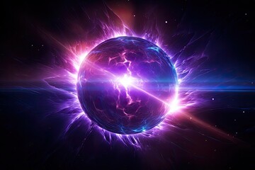 Big metallic sphere with electric rays, power of the gravitational force, emerging large rays of plasma that release energy to the universe
