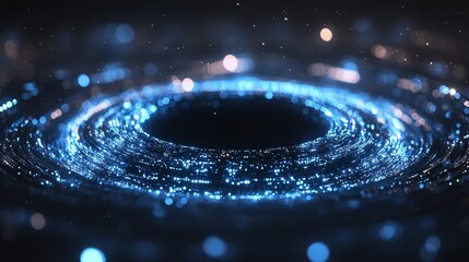 a black hole in the center of an optical glass, with blue glowing lights around it,