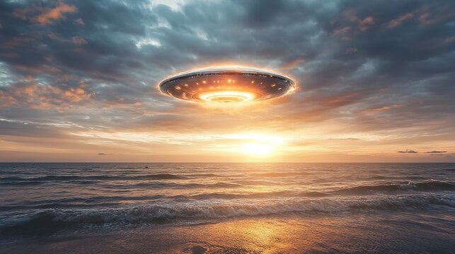 A glowing spacecraft hovers over the calm ocean as the sun sets on the horizon. Waves lap gently at the shore, and clouds reflect the warm colors of twilight in this serene yet mysterious scene