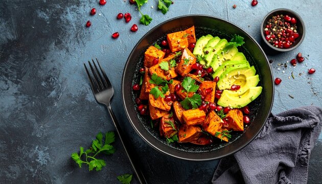 Vegane S&uuml;&szlig;kartoffel-Bowl mit Granatapfel