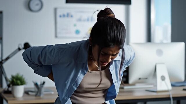 Young woman standing in a modern office experiencing sudden lower back pain and discomfort, illustrating issues with spinal health, ergonomics, and a sedentary work lifestyle.