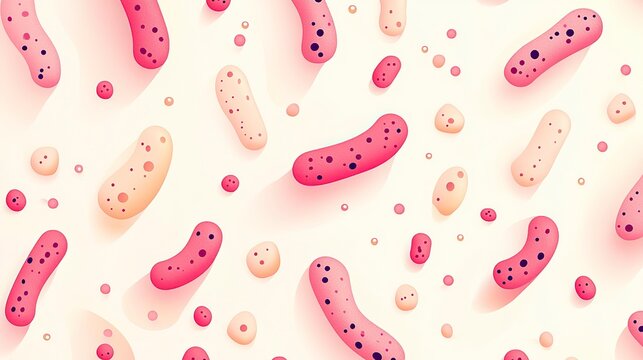 This vibrant scene portrays stylized bacteria in various sizes and shades, playfully scattered across a soft, soothing background. Each shape adds a fun energy to the artwork