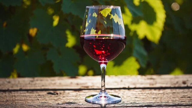 A glass of red wine served on a wooden table in the summer vineyard, degustation time