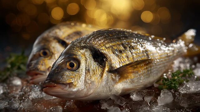 Sea bream displayed on ice, shimmering golden scales catching light, water droplets, fresh from the sea