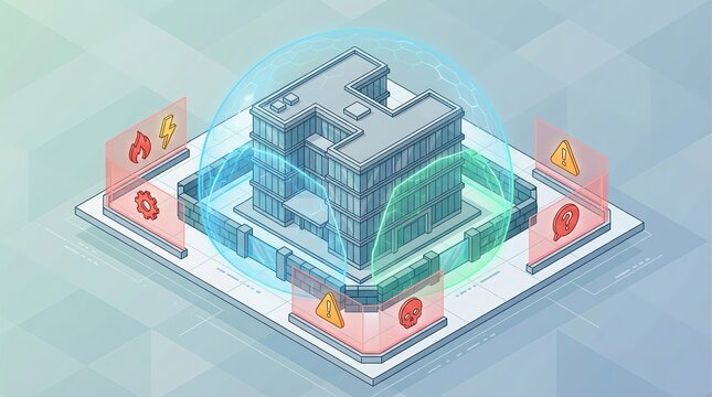 Isometric building protecting property from external threats, security shield reflecting risks, safeguarding business assets with advanced protection systems
