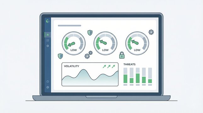 Laptop screen showing a digital business dashboard with performance metrics, low risk gauges, volatility charts and security alerts for analytics, monitoring and reporting