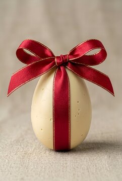 &OElig;uf de P&acirc;ques en chocolat artisanal avec n&oelig;ud en ruban satin&eacute; sur fond de lin rustique