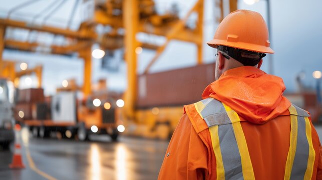Container yard worker in rain gear directing chassis positioning, wet asphalt reflecting terminal lights, intermodal transportation coordinating rail and truck connections, perfect for multimodal