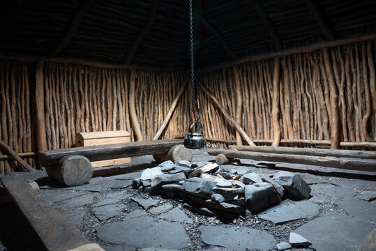 Interior of Traditional Sami Gamme Turf Hut with Central Hearth Arran and Kettle on Chain, Ceavccageađge Mortensnes, Finnmark, Norway