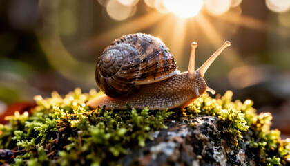 Fototapeta premium A snail rests on a rock covered in green moss. The sunlight filters through the trees, illuminating the snail and creating a tranquil scene in nature.