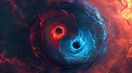 the yin yang symbol, with blue and orange eyes,