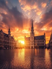 Fototapeta premium Grand Place in Brussels, Belgium, glowing at sunset, showcasing its historic guildhalls and timeless European charm.