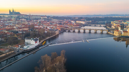 Fototapeta premium Sunset aerial view of Hradcany district in Prague, Czech republi