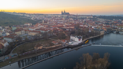 Fototapeta premium Sunset aerial view of Hradcany district in Prague, Czech republi