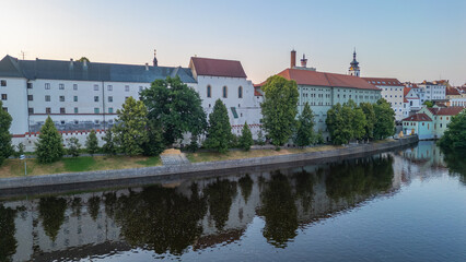Fototapeta premium Sunset panorama of Otava river in Pisek, Czech republic