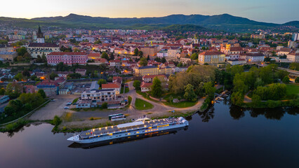 Sunset view of riverside of Labe at Litomerice, Czech republic