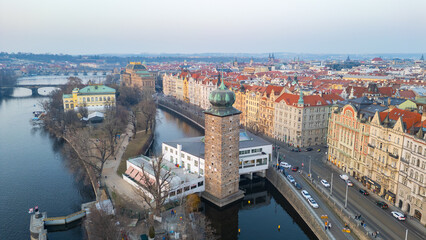 Obraz premium Sunset view of Slovansky ostrov in Prague, Czech republic