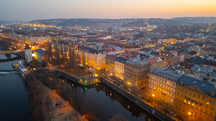 Fototapeta premium Sunset panorama view of Smichov part of Prague, Czech republic