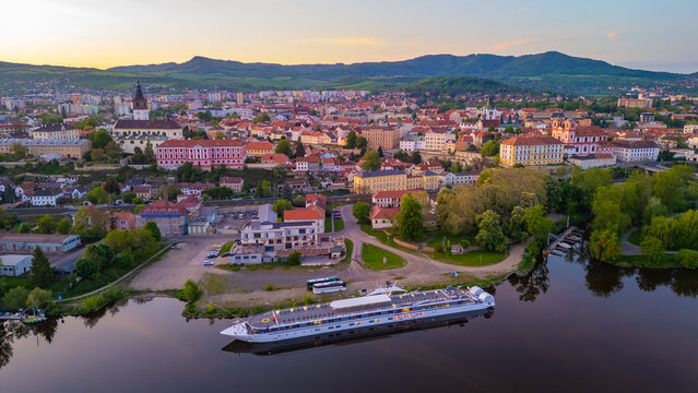 Sunset view of riverside of Labe at Litomerice, Czech republic