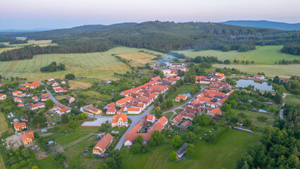 Sunset panorama view of traditional south Bohemian village Holas © dudlajzov