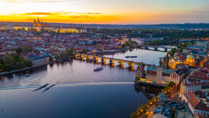 Naklejka premium Sunset aerial view of Hradcany district in Prague, Czech republi