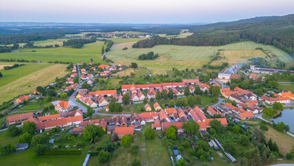 Sunset panorama view of traditional south Bohemian village Holas © dudlajzov