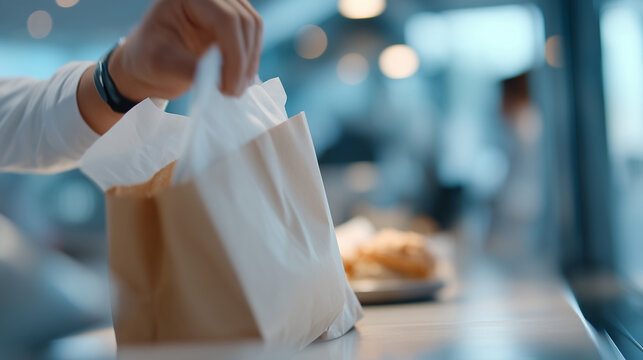 Friendly cashier passes takeaway bag, soft glow, motion blur, defocused restaurant backdrop, cinematic vibe