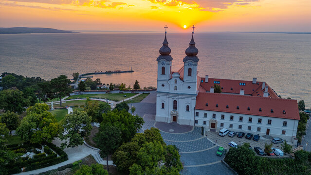 Sunrise view of the Tihany Benedictine Abbey beside Balaton lake