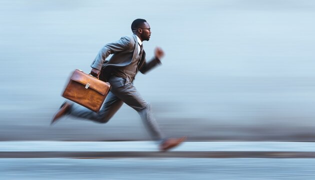 African American Businessman In A Rush With Briefcase, Running Through City Streets, Running Late For Work - Young Professional.
