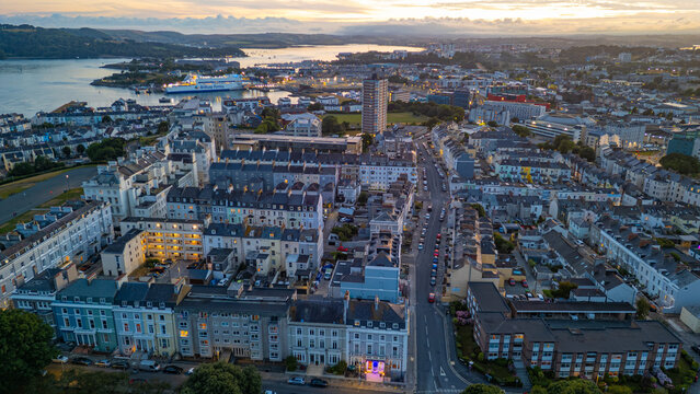 Sunset aerial view of downtown Plymouth, England