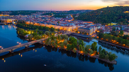 Sunset aerial view of strelecky island in Prague, Czech republic