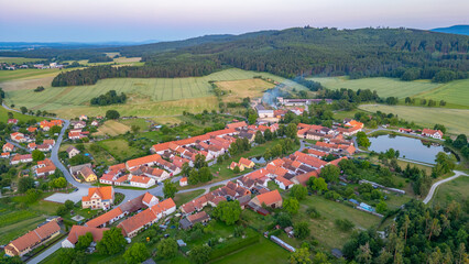 Sunset panorama view of traditional south Bohemian village Holas © dudlajzov
