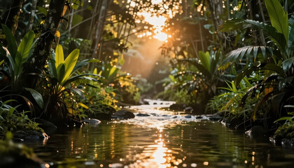Fototapeta premium A serene stream flows through lush greenery as sunlight filters through the trees. The tranquil scene features vibrant plants and glimmers of light on the water's surface.