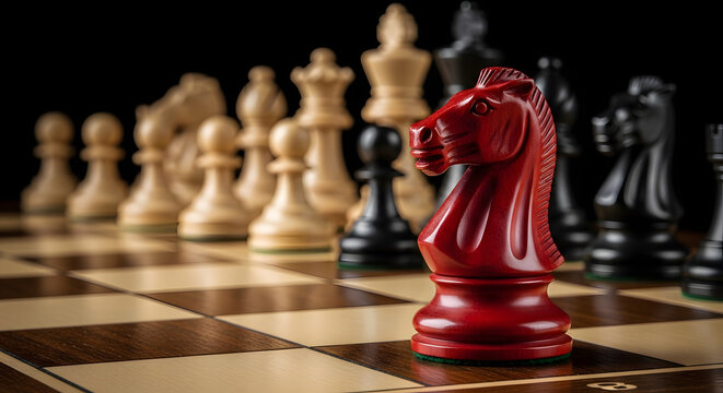 A red chess knight on a chessboard with other pieces