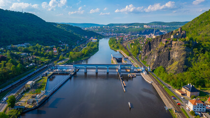 Masaryk lock and Strekov castle in Usti nad Labem, Czech republi © dudlajzov