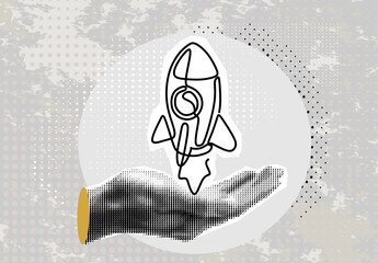 Trendy Halftone Collage hand  launching Rocket, ship. Startup business.  © mitay20