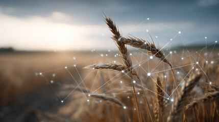 Fototapeta premium Lush wheat field under warm light, digital connections across crops, agri-tech vision, minimal cinematic depth