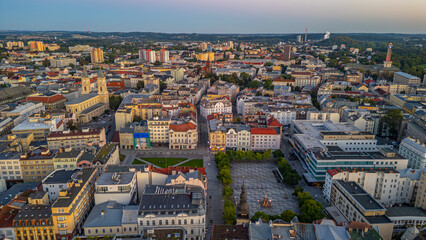 Obraz premium Panorama view of city center of Ostrava during sunrise, Czech re