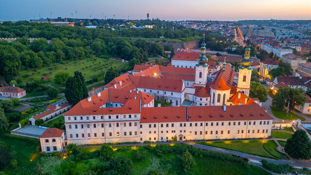 Sunset panorama view of Strahov monastery in Prague, Czech repub