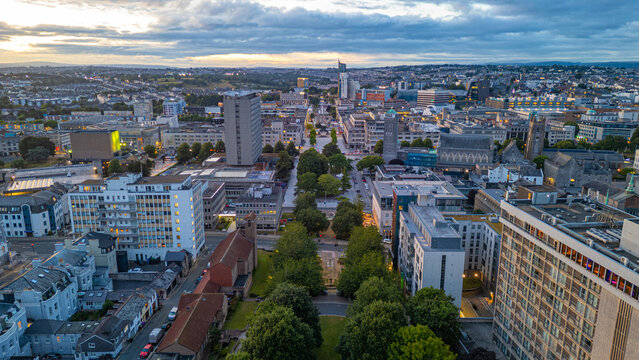 Sunset aerial view of downtown Plymouth, England