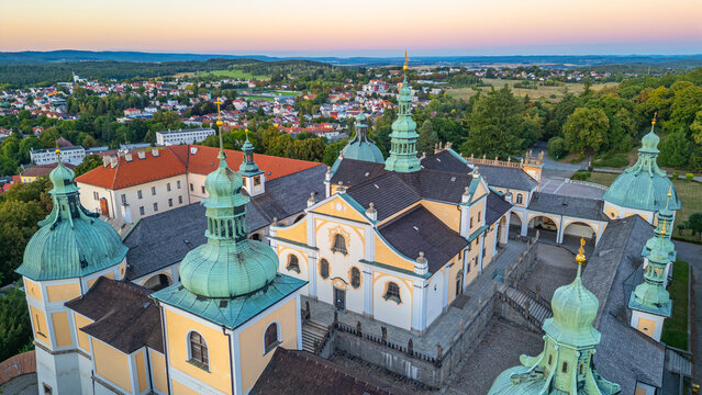Sunset panorama view of Svata Hora pilgrimage site near Pribram,