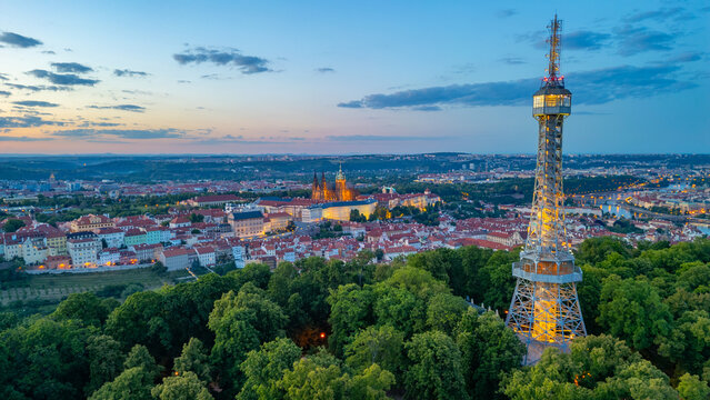 Sunset panorama view of Hradcany from Petrin hill in Prague, Cze