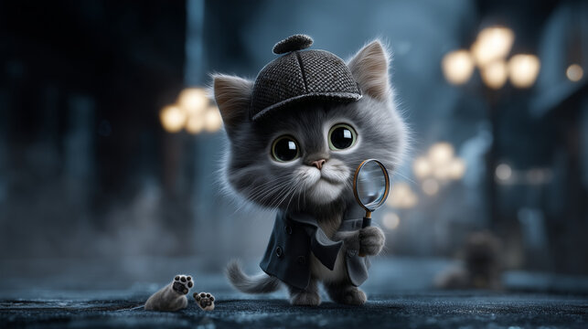 Detective tuxedo cat, deerstalker hat, magnifying glass over paw prints, misty alley, glowing street lamps, atmospheric noir