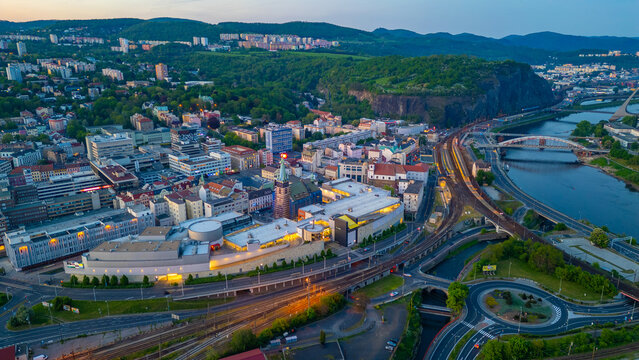 Sunset view of the city center of Usti nad Labem, Czech republic
