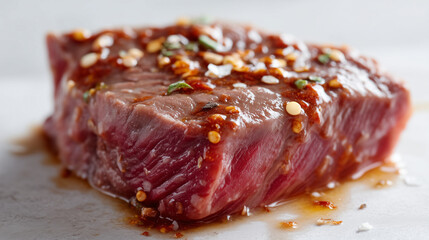 Obraz premium Steak with spice drizzle on pale surface, close-up texture, ready-to-cook energy, rich visual contrast