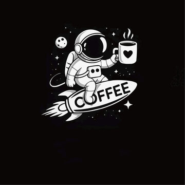 Retro astronaut drinking coffee while riding a rocket through space in a monochrome illustration for t shirt graphics cafe branding geek merch stickers posters and playful cosmic design
